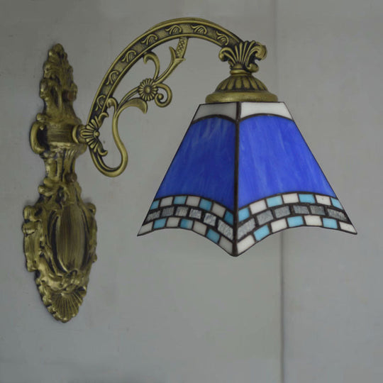 Modern Blue Cut Glass Pyramid Wall Light With Mediterranean Brass Finish And Curved Arm - Mounted