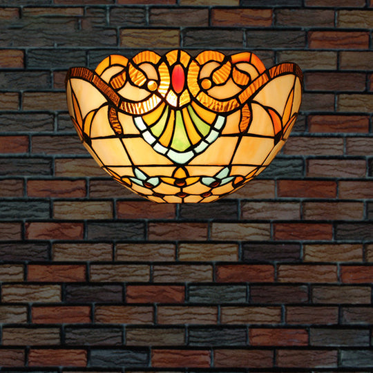Tiffany Style Stained Glass Wall Sconce - Flush Mount With 1-Head Bowl Shade Yellow