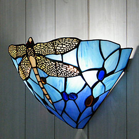 Tiffany Dragonfly Patterned Glass Wall Sconce With Cone Cut Mount Blue