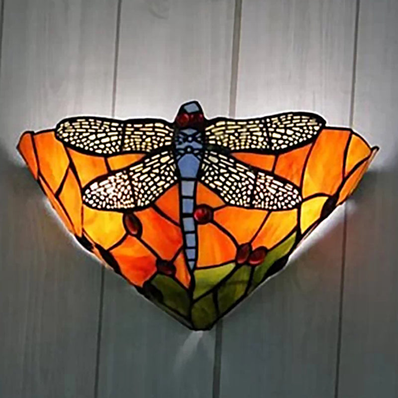 Tiffany Dragonfly Patterned Glass Wall Sconce With Cone Cut Mount Orange