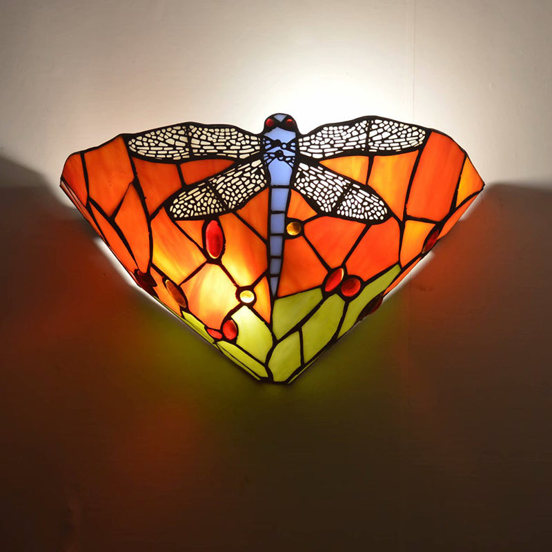 Tiffany Dragonfly Patterned Glass Wall Sconce With Cone Cut Mount
