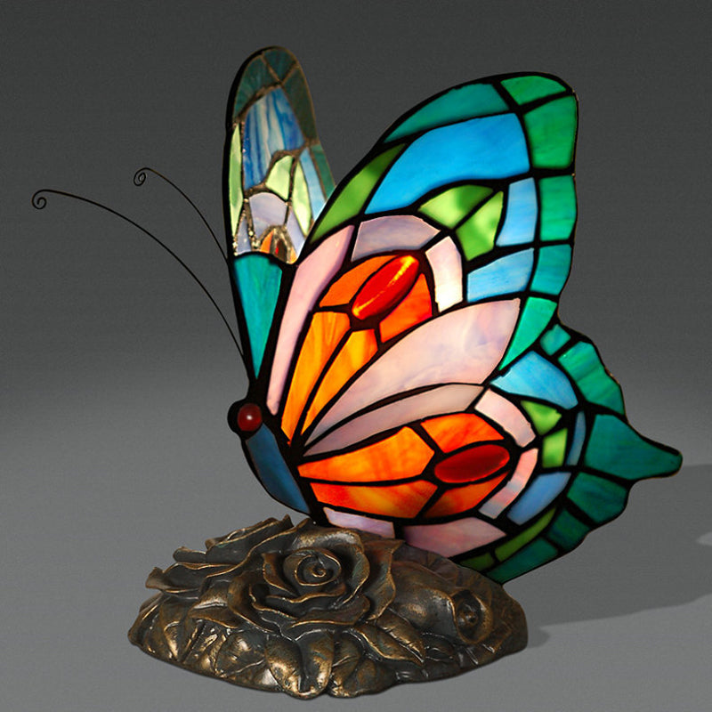 Blue Stained Art Glass Victorian Butterfly Table Lamp - Nightstand Light