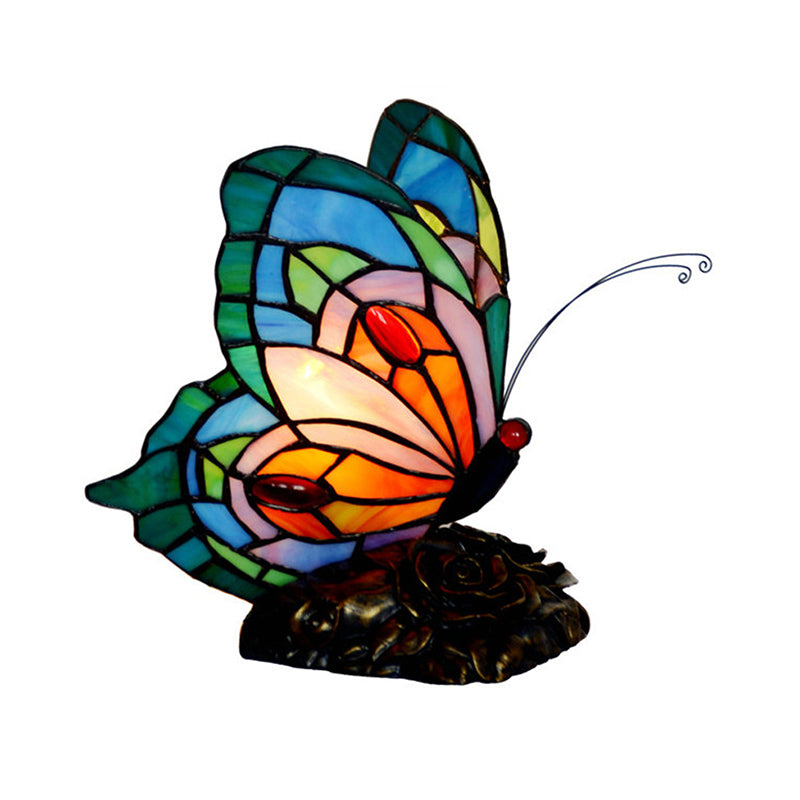 Blue Stained Art Glass Victorian Butterfly Table Lamp - Nightstand Light