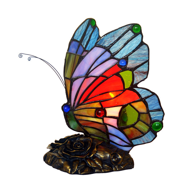 Blue Butterfly Nightstand Lamp - Baroque Style Cut Glass With Resin Rose Base