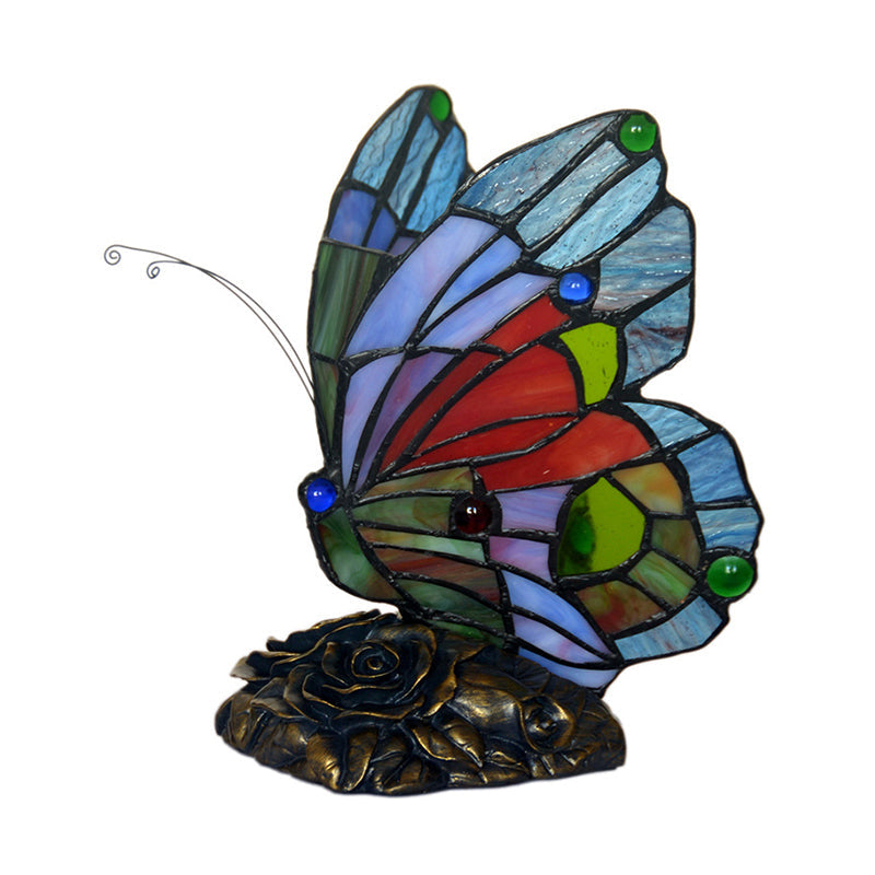 Blue Butterfly Nightstand Lamp - Baroque Style Cut Glass With Resin Rose Base