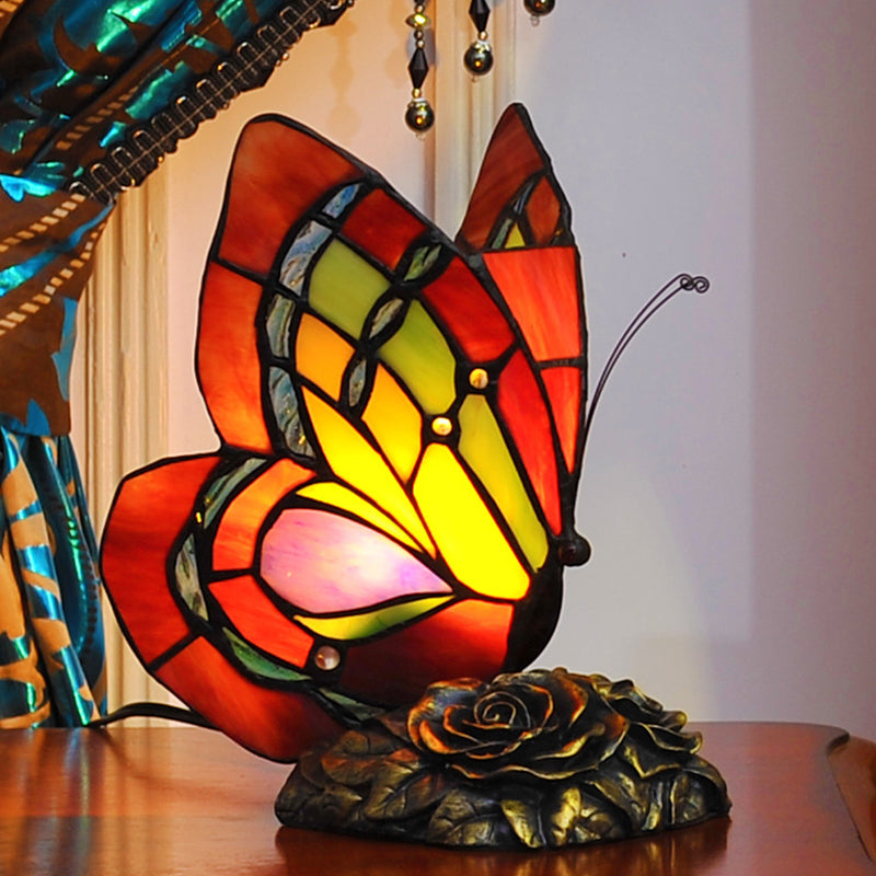 Victorian Flower Resin Table Lamp With Butterfly Cut Glass Shade - Red Night Light
