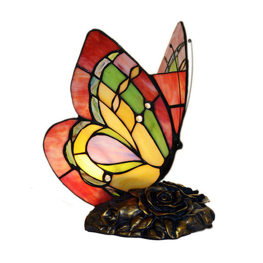 Victorian Flower Resin Table Lamp With Butterfly Cut Glass Shade - Red Night Light