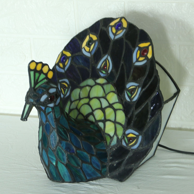 Mediterranean Blue Peacock Art Glass Night Lamp With Stained - Table Lighting