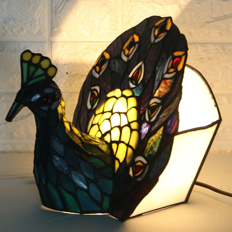 Mediterranean Blue Peacock Art Glass Night Lamp With Stained - Table Lighting