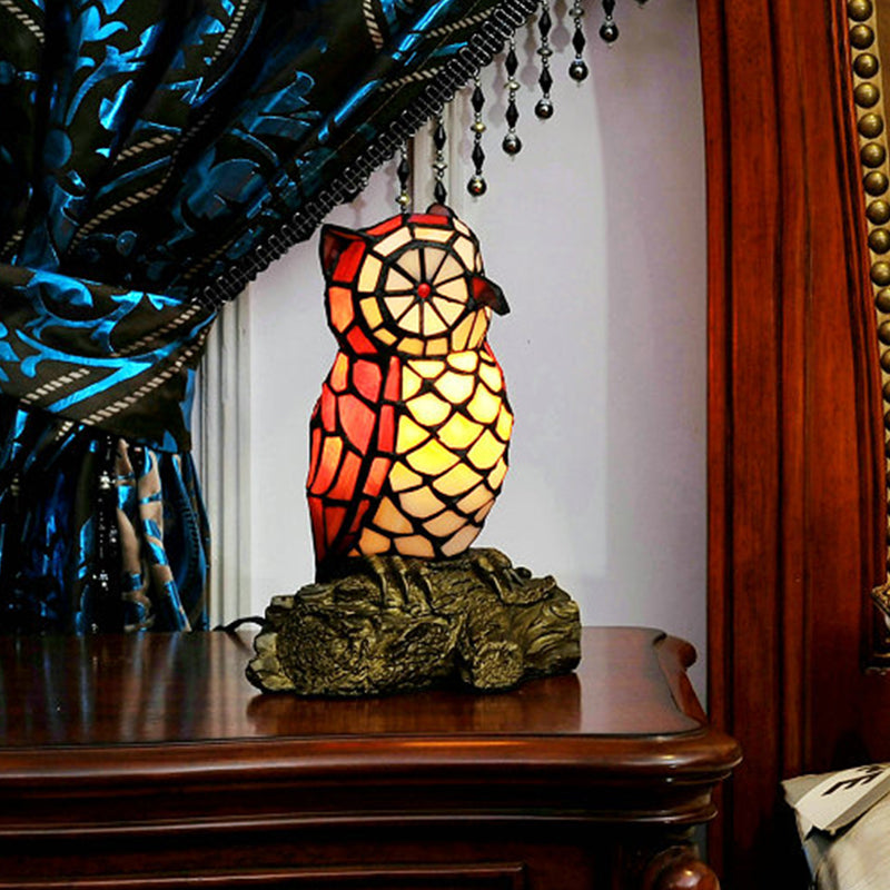 Tiffany Style Stained Glass Owl Shaped Nightstand Lamp Red Shade 1 Light With Resin Base