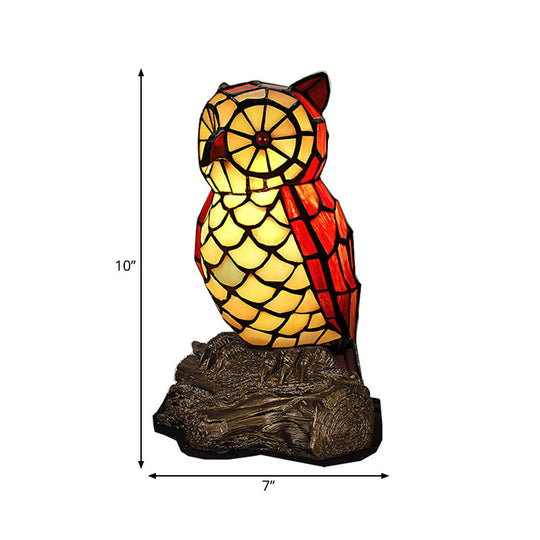 Tiffany Style Stained Glass Owl Shaped Nightstand Lamp Red Shade 1 Light With Resin Base