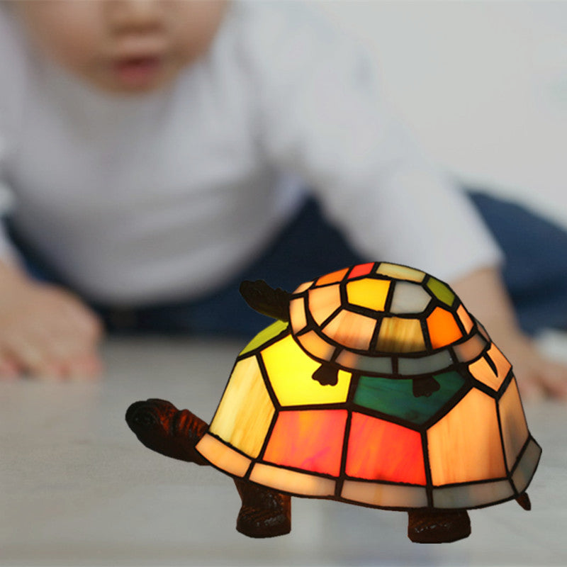 Glass Turtle Mom And Baby Table Lamp - Tiffany Style Nightstand Light For Bedroom Red