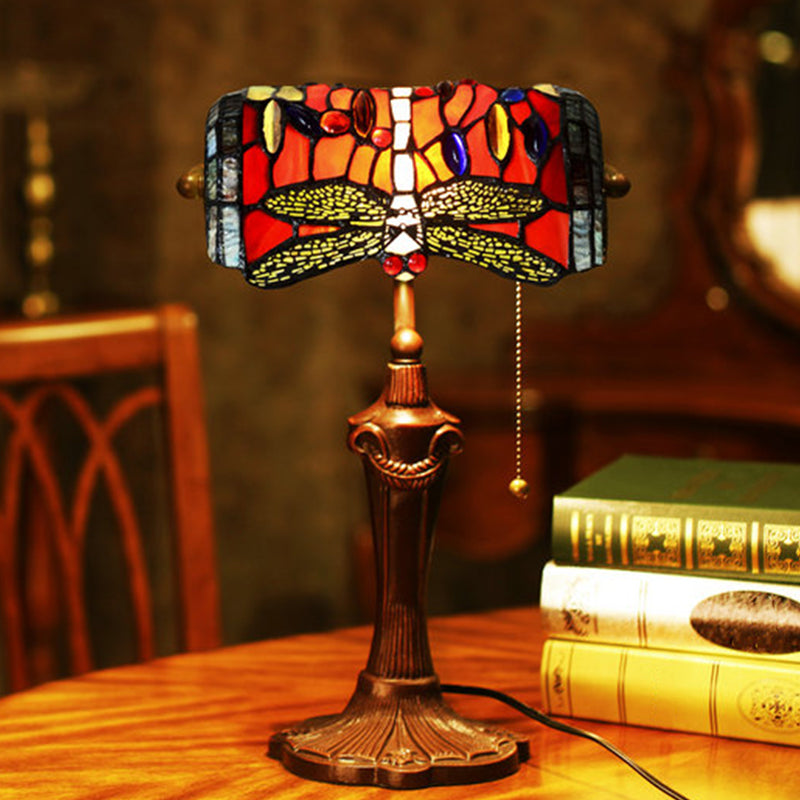 Mediterranean Dragonfly Hand-Cut Glass Banker Desk Lamp - Red Table Lighting