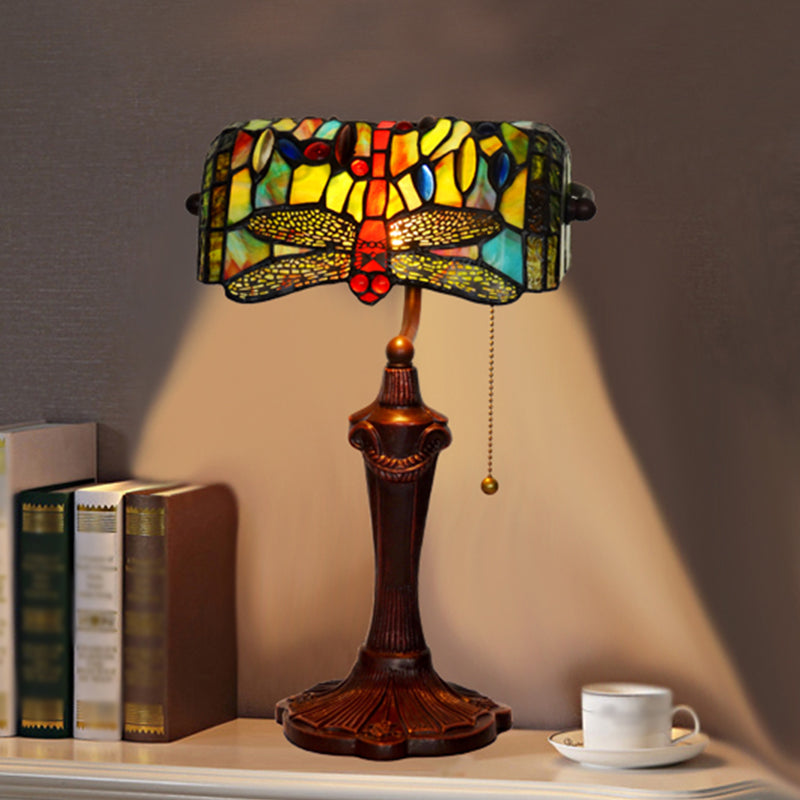 Dragonfly Stained Glass Banker Desk Lamp - Blue Victorian Nightstand Light With Pull Chain