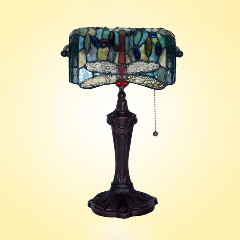 Dragonfly Stained Glass Banker Desk Lamp - Blue Victorian Nightstand Light With Pull Chain