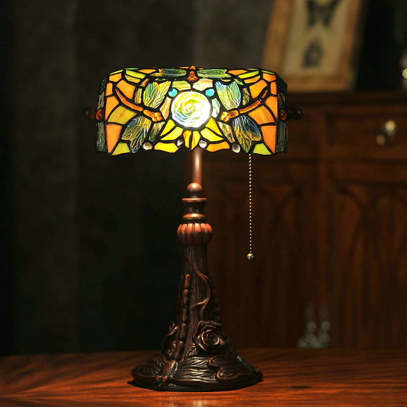 Dragonfly And Flower Cut Glass Tiffany Style Nightstand Lamp - 1-Light Yellow Pull Chain