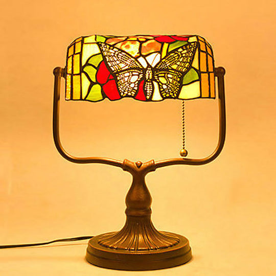 Mediterranean Hand Cut Glass Banker Lamp With Butterfly Pattern - White Pull Chain Table Light