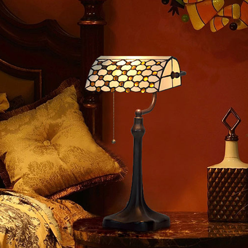 Tiffany Glass Banker Lamp With Pull Chain - Elegant Jeweled White Design For Nightstand Lighting