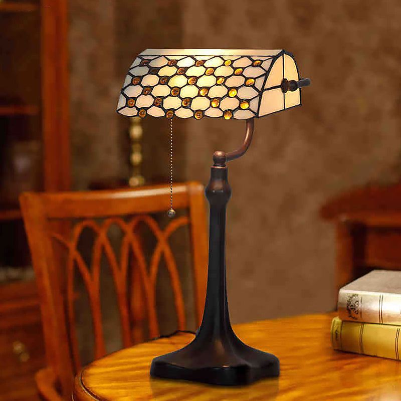Tiffany Glass Banker Lamp With Pull Chain - Elegant Jeweled White Design For Nightstand Lighting