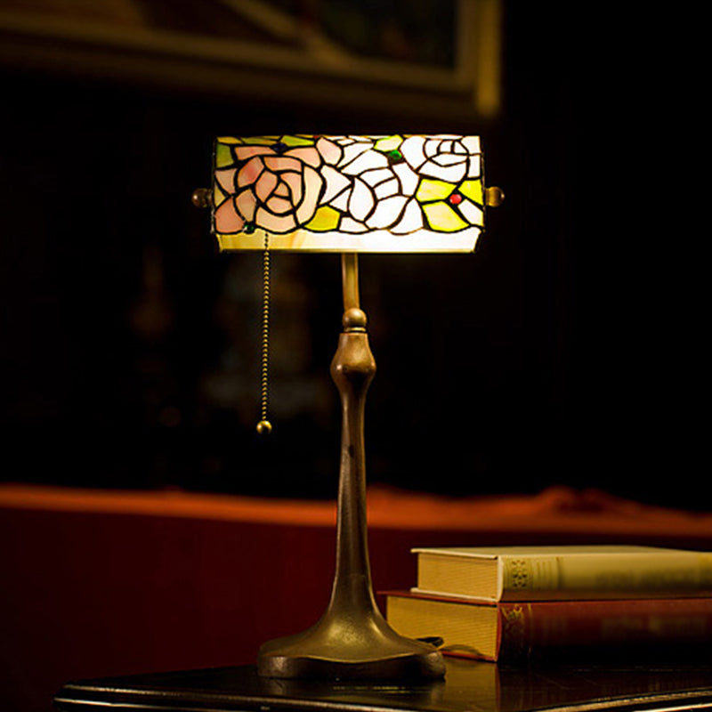 Mediterranean Stained Glass Rose Pattern Piano Lamp With Pink Pull Chain - Elegant 1-Head Desk