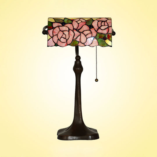 Mediterranean Stained Glass Rose Pattern Piano Lamp With Pink Pull Chain - Elegant 1-Head Desk