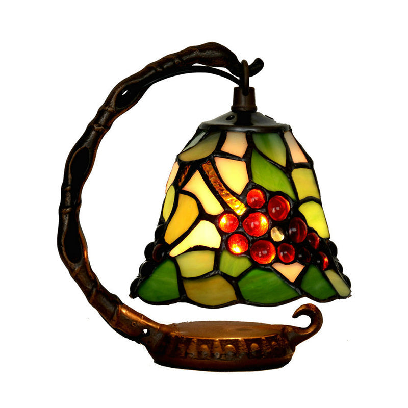 Baroque Green Bell Stained Art Glass Table Light: Elegant 1 Bulb Night Lamp With Grape Pattern