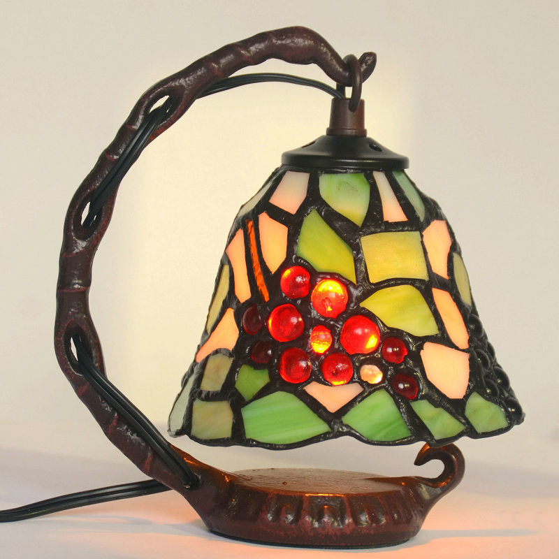 Baroque Green Bell Stained Art Glass Table Light: Elegant 1 Bulb Night Lamp With Grape Pattern