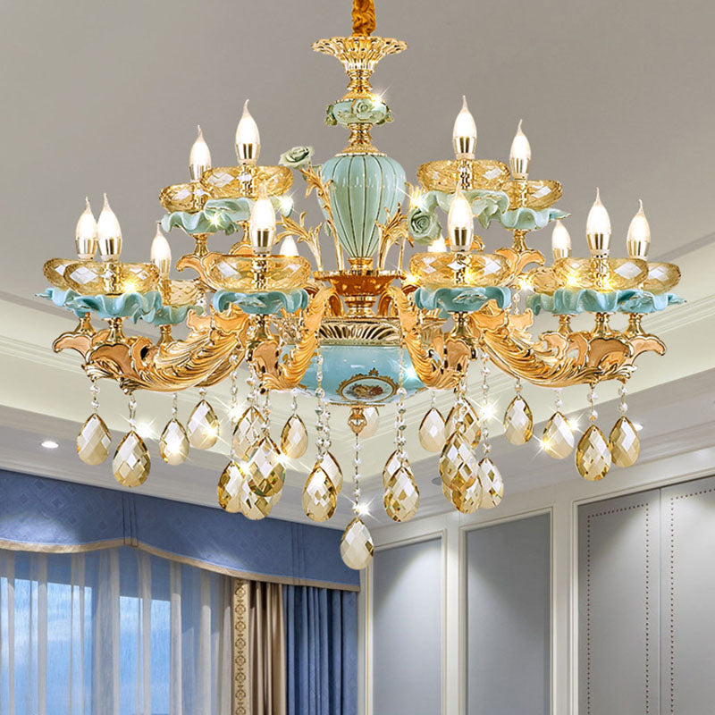 Amber Crystal Chandelier: Modern Ceramics Pendant Light In Gold For Living Room 15 /