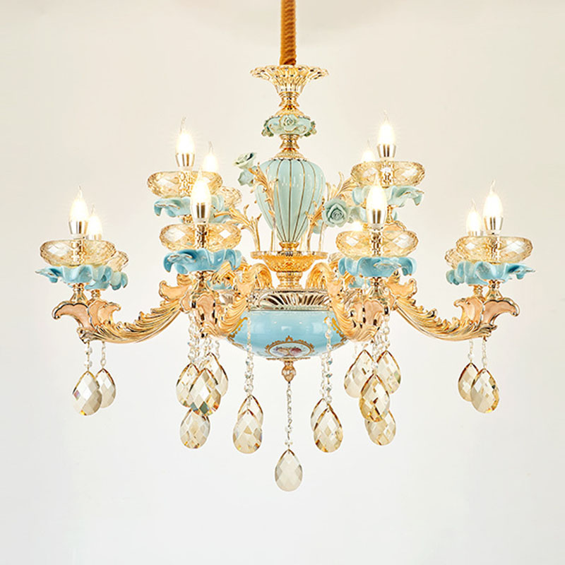 Amber Crystal Chandelier: Modern Ceramics Pendant Light In Gold For Living Room 12 /