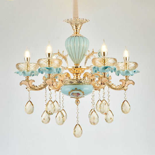 Amber Crystal Chandelier: Modern Ceramics Pendant Light In Gold For Living Room 6 /