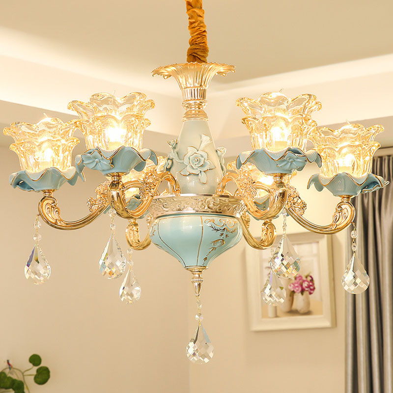 Modernist Gold Pendant Light With Clear Textured Glass Petals And Crystal Accent - Elegant Hanging