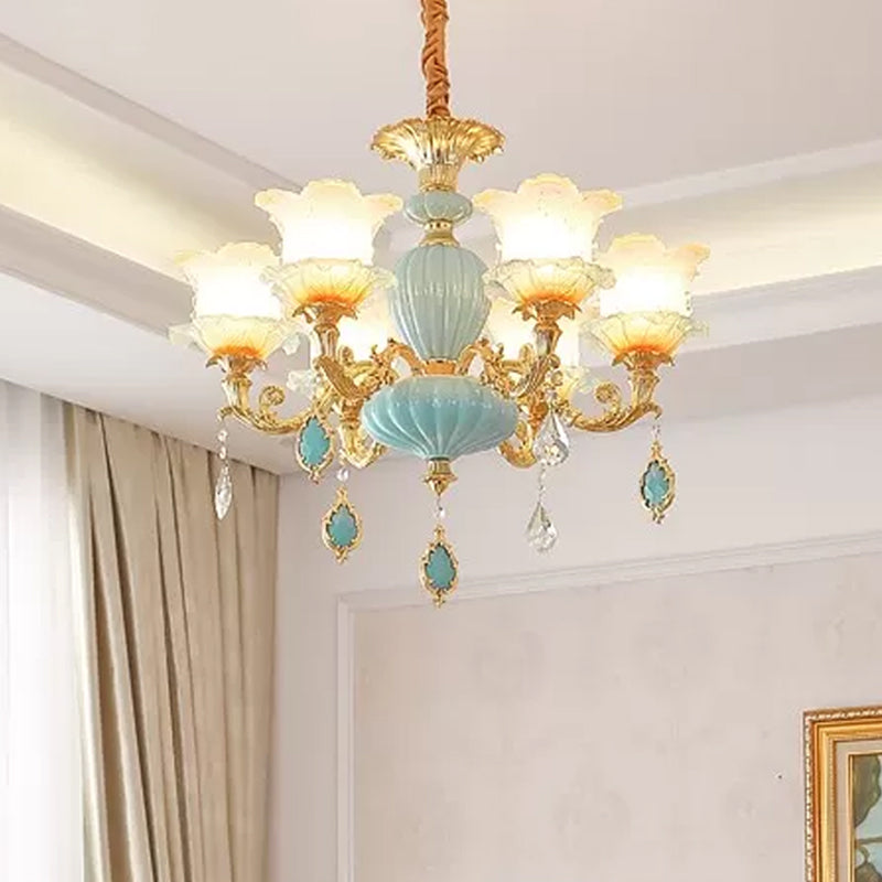 Modern Gold Ceiling Chandelier With Frosted Glass Crystal Accents 6 /