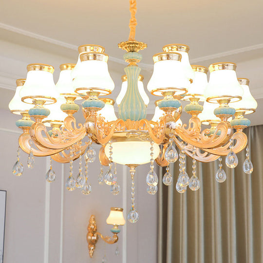 Gold Crystal Drop Pendant Chandelier With Milky Glass Pear Shade 12 /