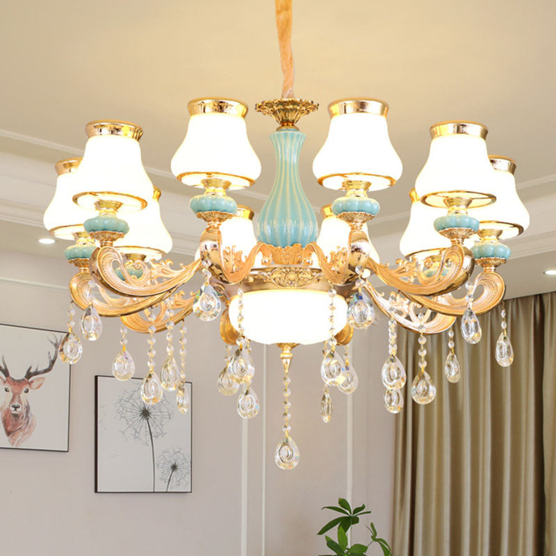 Gold Crystal Drop Pendant Chandelier With Milky Glass Pear Shade 10 /