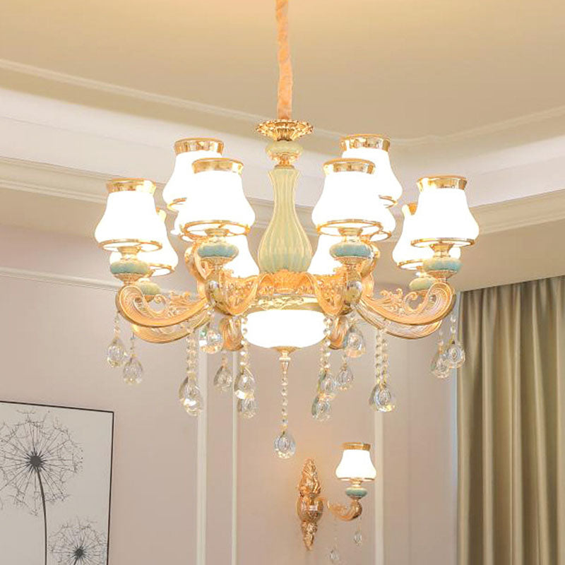 Gold Crystal Drop Pendant Chandelier With Milky Glass Pear Shade