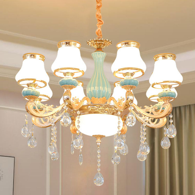 Gold Crystal Drop Pendant Chandelier With Milky Glass Pear Shade 8 /