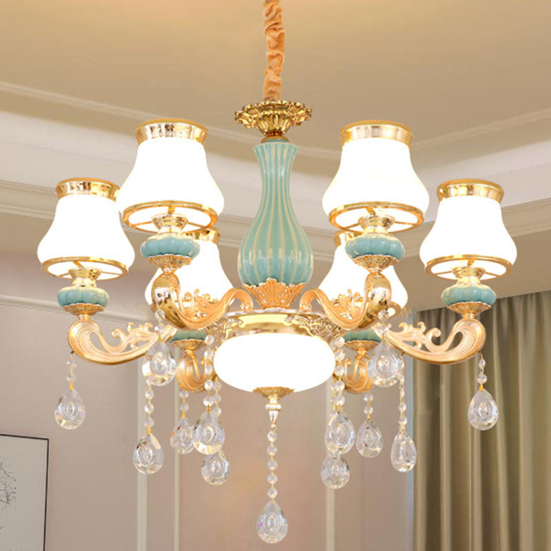Gold Crystal Drop Pendant Chandelier With Milky Glass Pear Shade 6 /