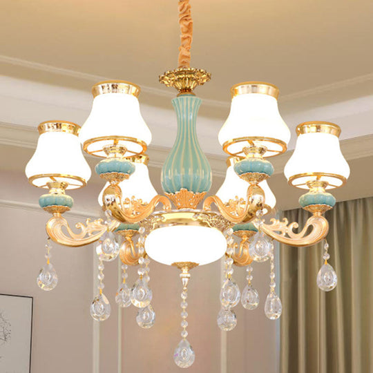 Gold Crystal Drop Pendant Chandelier With Milky Glass Pear Shade 6 /