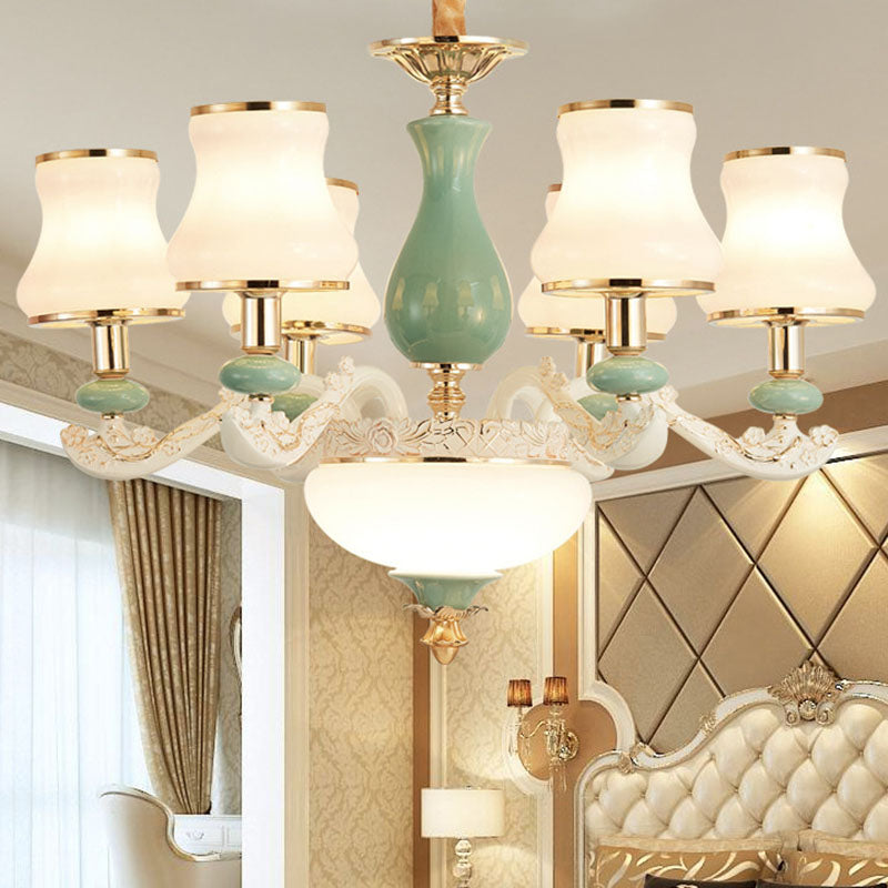 Modern Frosted Glass & White Ceramics Chandelier Light Flared Suspension Lighting For Living Room 6