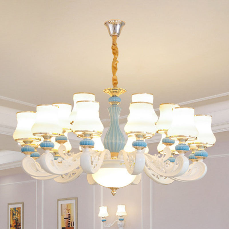 Contemporary Light Blue Pendant Chandelier For Living Room With White Glass Tapered Design 18 /