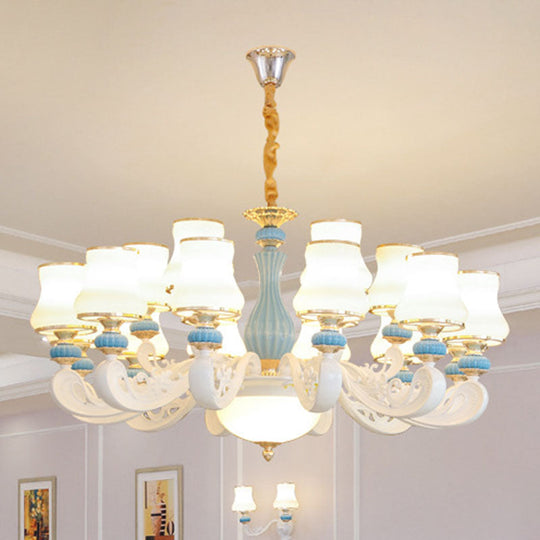 Contemporary Light Blue Pendant Chandelier For Living Room With White Glass Tapered Design 18 /