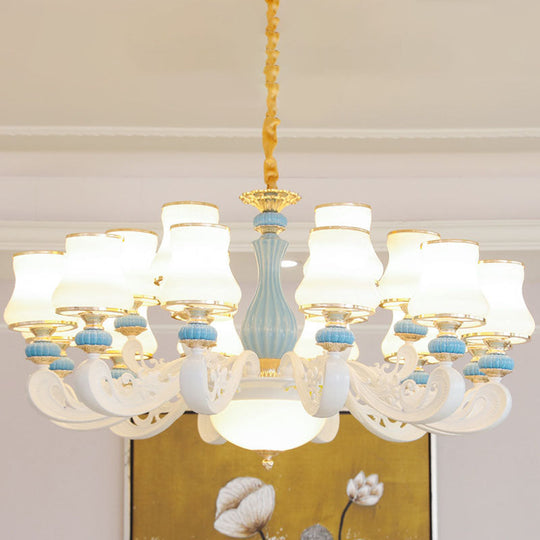 Contemporary Light Blue Pendant Chandelier For Living Room With White Glass Tapered Design