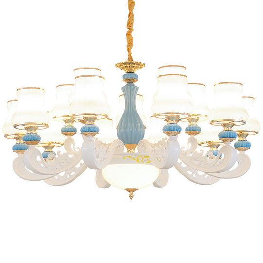 Contemporary Light Blue Pendant Chandelier For Living Room With White Glass Tapered Design