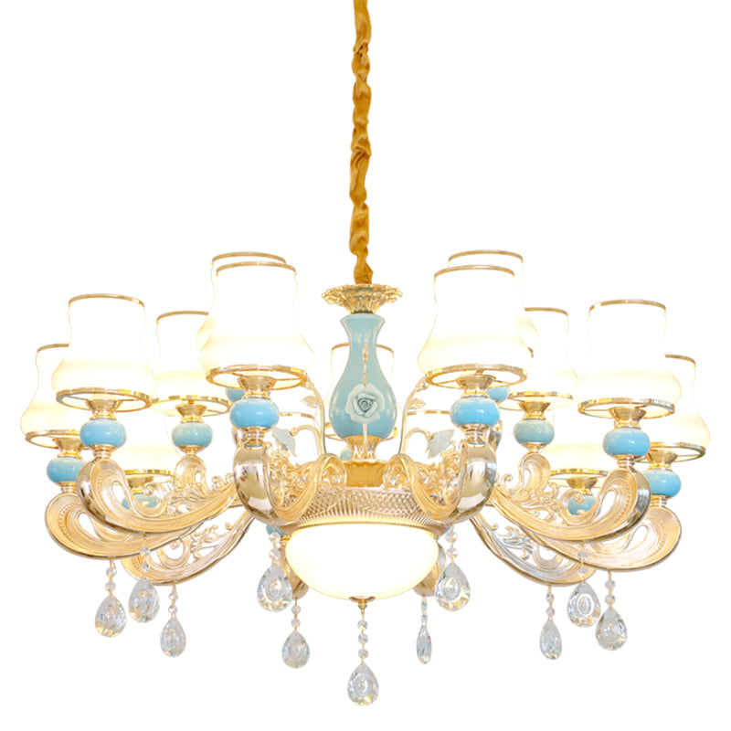 Modern Opal Frosted Glass Pendant Chandelier With Crystal Accent - Tapered Gold Hanging Light Kit