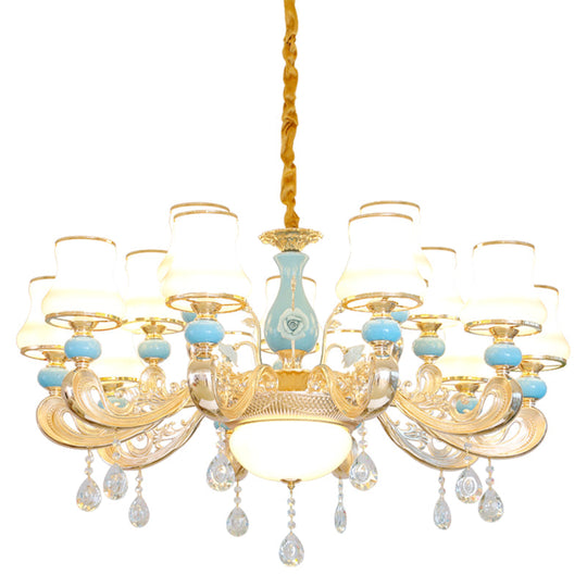 Modern Opal Frosted Glass Pendant Chandelier With Crystal Accent - Tapered Gold Hanging Light Kit