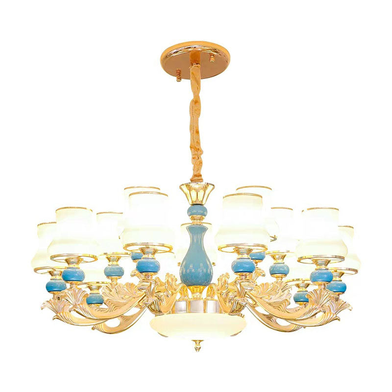 Contemporary Gold Curved Chandelier With Opaline Frosted Glass - Stylish Ceiling Suspension Lamp