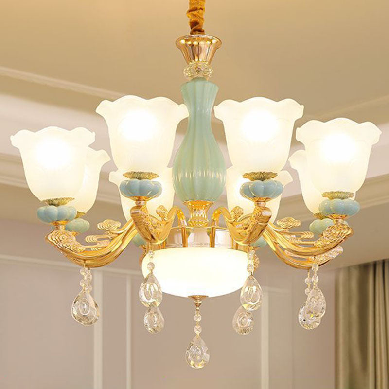 Nordic Crystal Petal Chandelier With Frosted Glass Shade - Elegant Pendant Light Fixture 8 / Gold