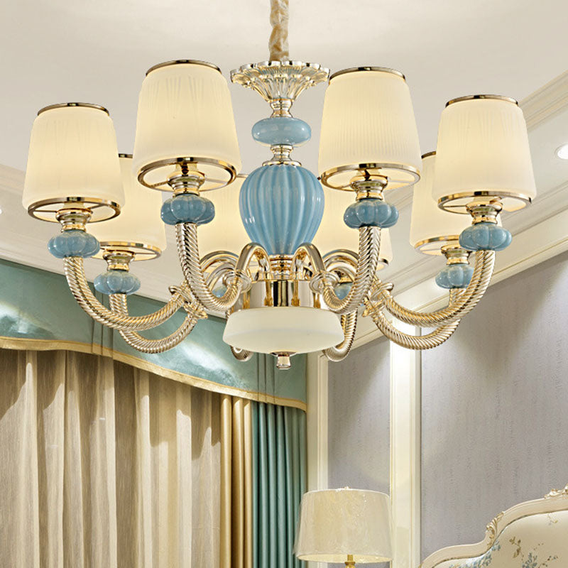 Blue Frosted Glass Barrel Chandelier For Living Room With Simple Ceramic Suspension Pendant 8 /