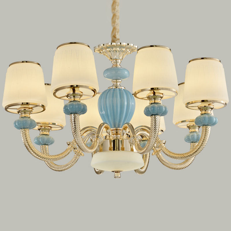 Blue Frosted Glass Barrel Chandelier For Living Room With Simple Ceramic Suspension Pendant