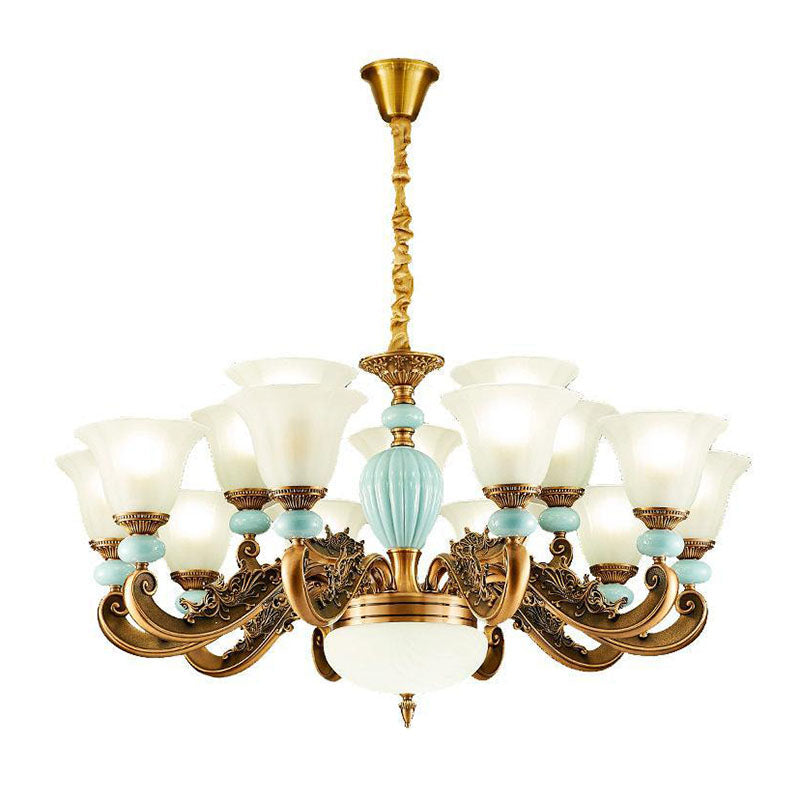 Simple Light Blue Chandelier: Metal Hanging Light Kit with Flared Frosted Glass Shade